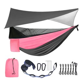 Camping Hammock Pink Grey Hammocks with Mosquito Net Tent and Rain Fly Tarp Portable Single & Double Nylon Parachute Hammock with Heavy Duty Tree Strap Outdoor Backpacking Survival Travel