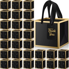 Kolldenn 100 Pcs Small Gift Bags with Handles 4 x 4 x 4 Inches Mini Metallic Paper Square Wedding Favor Bags Bulk with DIY Blank Thank You Tags for Birthday Bridal Shower Thank You Party Favor(Black)