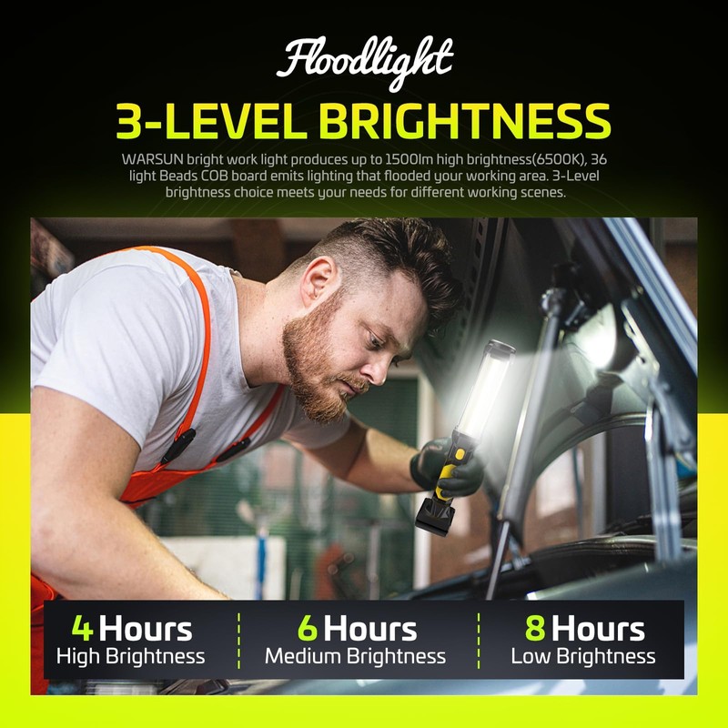 ​​WARSUN 2PC Rechargeable 1500LM COB LED Work Light-Magnetic Hands-Free Trouble