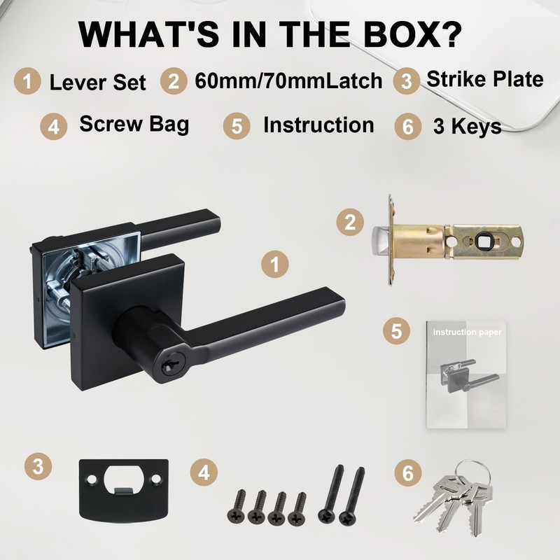 HISAFE Heavy Duty Keyed Entry Door Lever, Matte Black Square