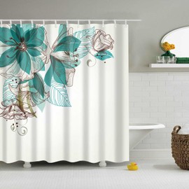 Mantto Turquoise Flower Fabric Shower Curtain, Bright Digital X-Ray Print Bathtub Curtain, Flowers Buds Leaf at The Top Left Corner Retro Art Bathroom Decor, Waterproof 72" x 72" (Turquoise Flower)