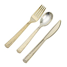 24 Gold Metallic 7 in Disposable Plastic Cutlery Hammered Design Spoons Forks Knives Set Party Events Decorations Supplies
