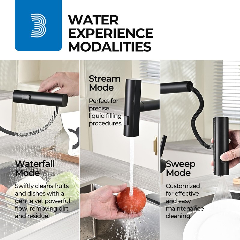 WEWE Waterfall Kitchen Faucet with Pull Down Sprayer, Black Kitchen