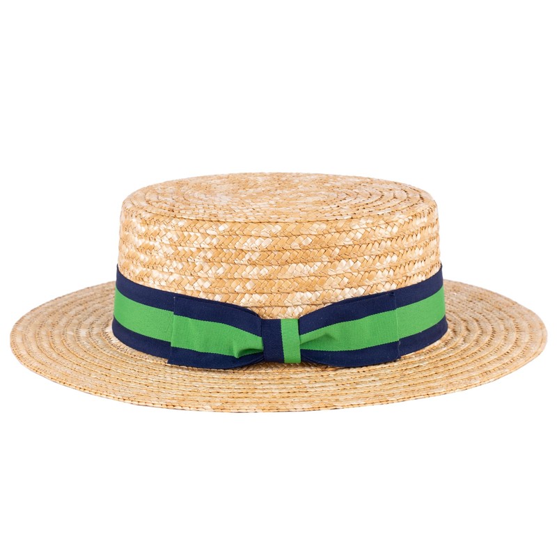 ZAKIRA Classic Straw Boater Hat Handmade from Natural Straw (Navy-Green-Navy