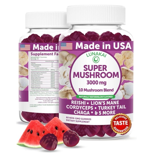 Lunakai Super Mushroom 60 Gummies 3000 mg Blend Reishi Cordyceps