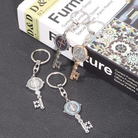 WHLHMK 4Pcs Saint Benedict Medal Keychain, St Benedict Medals Key Chain, Saint Benedict Jubilee Medal, Cross Protection Key Shaped Keychain, Exorcism Medal Christian Sacramental Medal Keyring