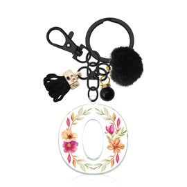 Oubaka Initial letter Keychains for Women, Acrylic Letter A-Z Keyring Fashion Black Key Chains Cute Letter Keyring with Pom Poms Tassel Faux Pearl for Backpack Handbag Car Key Bag Keyring(Letter O)