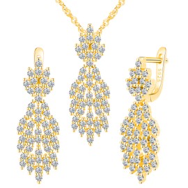 Yumilok leaf tassels 925 Sterling Silver Bridal Jewelry Set Necklace Dangle Earrings for Women Bridesmaid Cubic Zirconia gold