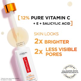 L'Oréal Paris 12% Pure Vitamin C Face Serum + Vitamin E + Salicylic Acid, 2x Brighter-Looking Skin, Minimizes Look of Pores, 2x Less Visible Pores - Revitalift Derm Intensives, For all Skin Tones, Skincare, 30mL