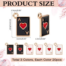 CRAFTYMELODY 60Pcs Poker Card Charms 3 Color Alloy Enamel Heart A Poker Charms with Loop Black White Pink Red Heart Playing Card Pendant for Jewelry Making Accessory Supplies Bracelet Necklace Earring