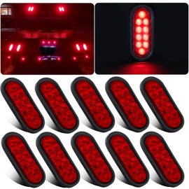 Partswcgg 6 Inch Oval LED Trailer Tail Lights 10 LED, 10Pcs Trailer Truck Brake RED 6" Oval Led Stop Turn Tail Lights Sealed Flush Mount Waterproof w/Rubber Grommets 3 Prong Wire Plug Pigtails 12V