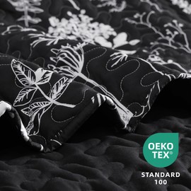 JANZAA Quilts Queen Size Bed Spread Botanical 3 Pieces Quilts Queen Size Sets with Floral Pattern Lightweight Microfiber Bedding Reversible 1 Quilt and 2 Pillow Cases-Black