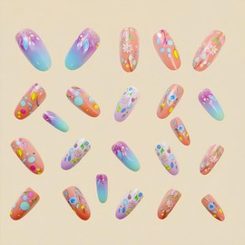 French Tip Press on Nails Almond Medium Fake Nails Cute Gradient Acrylic Nails Spring Summer Full Cover False Nails with Flower Designs Glossy Glue on Nails Colorful Stick on Nails for Women 24Pcs
