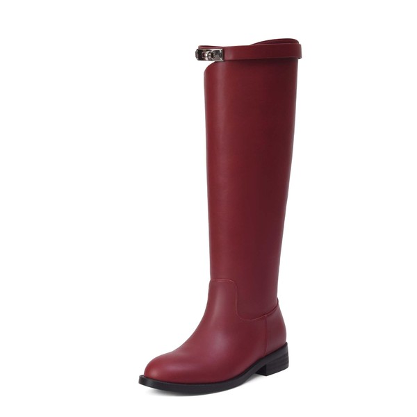 iiimmu Red Women Riding Boots Silver Buckle Women's Knee High