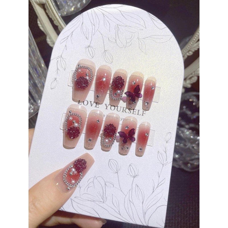 Nail Tips, Short, 24 Pieces, Silver Edge, Red, Gradient, False