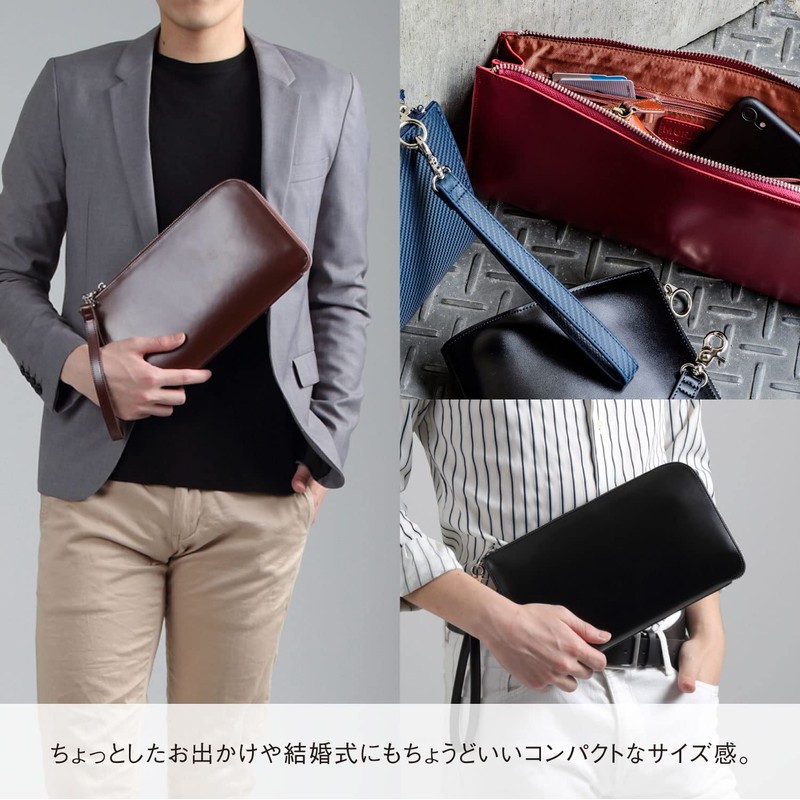 MURA Clutch Bag, Men's, Genuine Leather, Cordovan Style, L-Shaped Zipper,