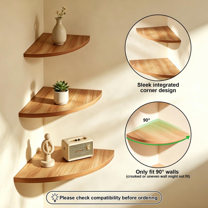 Plliocse Corner Shelf Wall Mounted,Floating Corner Shelves Oak,Set of 3