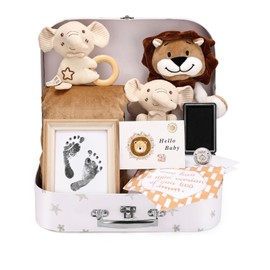 Lictin Baby Shower Gifts, Newborn Baby Gifts Basket, Unisex Baby Gift Set with Baby Blanket, Baby Security Blanket, Baby Rattle, Baby Bib, Decison Coin, Keepsake Footprint