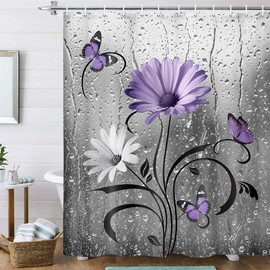 Uokiuki Rustic Purple Floral Boho Shower Curtain, Country Farmhouse Daisy Flowers and Butterfly Shower Curtain for Bathroom, Grey Gray Violet Surreal Floral Bathroom Curtain with 12PCS Hooks, 70X75IN