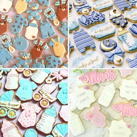 Crethinkaty Baby Shower Cookie Cutters-8Pcs Bayby Shower Cookie Cutter Set Shapes of Stroller,Feeding Bottle,Cradle,Rocking Horse*2,Rattle,Onesies,Bib-3D Plastic Bayby Shower Cookie Moulds Cookie Stamps.