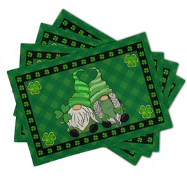 St. Patrick's Day Placemats Set of 4 Green Buffalo Plaid Gnome Shamrock Clover Placemats Table Mats Washable Heat Resistant Place Mats for Home Kitchen Dining Holiday Party 12" x 18" Inch