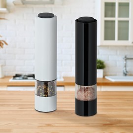Relaxdays Salt and Pepper Mill, Set of 2, Stainless Steel, Ceramic Grinder, Electric Spice Mill, LED Light, White/Black