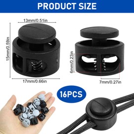 FunWorth Pack of 16 Cord Locks with 2 Holes (17 mm), Black/Grey, Laces, Quick Release for Shoes, Bags, Hats & Backpacks, Robust Plastic Cord Clamps with Metal Spring, Black and Grey