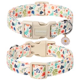 DOGWONG Spring Summer Floral Cotton Dog Collar, Pink Flower Dog Collar Durable Soft Fabric Pet Dog Collars Cute Girl Female Puppy Necklace for Small Medium Large Dogs