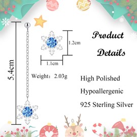 Hasnsofie Silver Christmas Earrings Hanging, 925 Sterling Silver Snowflake Stud Earrings for Women, Hypoallergenic Long Tassel Drop Earrings with Zirconia, Dangle Earrings for Christmas Day, Cubic
