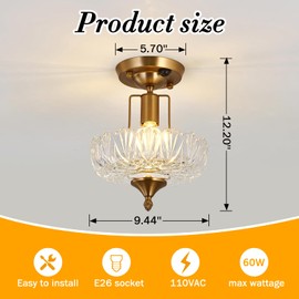 UOFUS Motion Sensor Semi Flush Mount Ceiling Light Gold Hallway Light Fixture with Clear Glass Indoor Small Chandelier for Hallway Entryway Porch Foyer Corridor