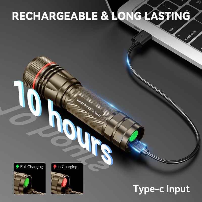 WdtPro Rechargeable Flashlights High Lumens, 2 Pack 10H Long Lasting