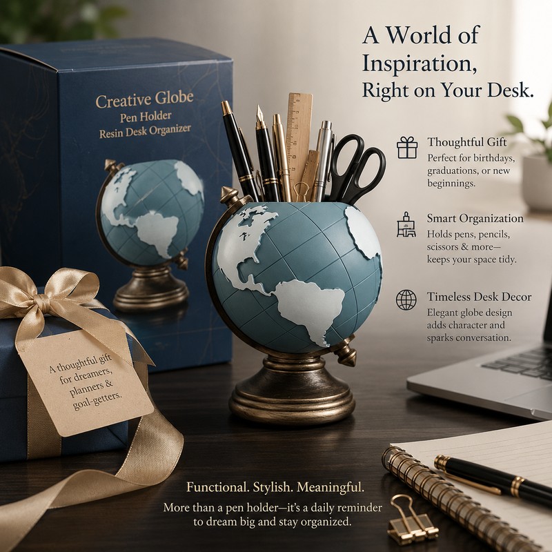 Globe Pen Holder for Desk Organization – Resin Geographic Pencil