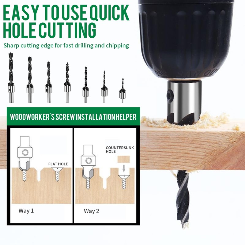 Drill with Countersink, 7-Piece Wood Drill Set, Spiral Drill Bit