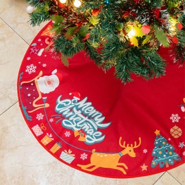 MUWOOB Christmas Tree Skirt, 36 inch Red Merry Christmas Base Cover for Tree, Xmas Ornaments Mat for Indoor Outdoor Holiday New Year Party Home Decorations
