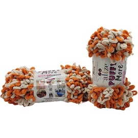 300 g Ilkadim Export Puffy More Knitting Wool, Finger Knitting Yarn, 2 x 150 g Finger Knit, Wool Multicoloured, Super Bulky, Loop Wool, Knitting without Needle (White Orange 6538)