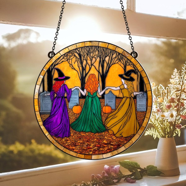 Three Witches Graveyard Ornament – Halloween Acrylic Window Suncatcher –