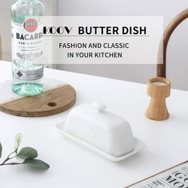 KOOV Porcelain Butter Dish with Lid Butter keeper, 7.5 inch wide Perfect for East/West Butter, Boat-shaped Series (White)