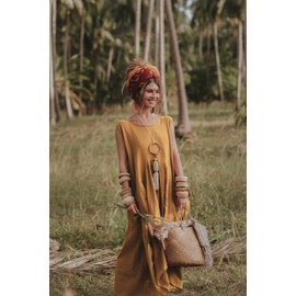 Thaluta Women's Boho Cotton Sleeveless Dress Casual Loose Fit Maxi Dress with Big Pockets Fair Trade Light Summer Sundress (US, Alpha, One Size, Regular, Regular, Yellow)