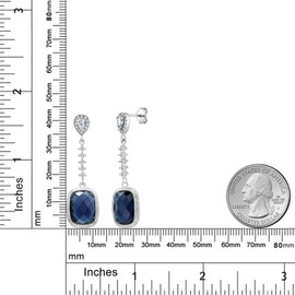 Gem Stone King 4.60 Cttw 925 Sterling Silver 13X9MM Cushion Checkerboard Cut Blue Simulated Sapphire Drop Dangle Earrings For Women
