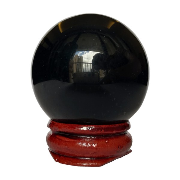 Manekieko Black Obsidian 40 mm Healing Crystal Divination Sphere Sculpture Figure Gemstone Ball, Feng Shui Chakra Aura Home Desk Decor Decorative Collection, with Wooden Stand