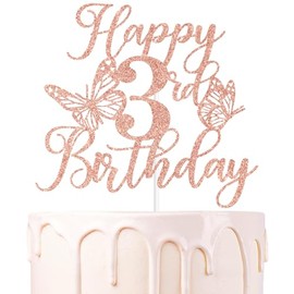 Decoración para tarta de cumpleaños con purpurina de oro rosa, diseño de mariposa para baby shower/Cheers to 3 años, decoración de fiesta de tercer cu