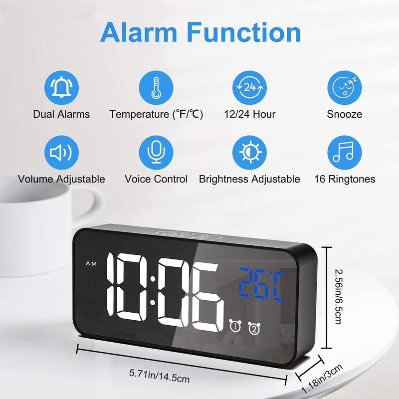 Digital Alarm Clock, with Large Led Temperature Display, Portable Alarm