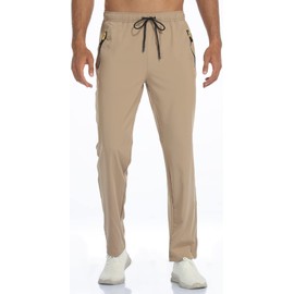 Men's Elastic Waist Hiking Pants Water Resistant Quick-Dry Lightweight Outdoor Sweatpants with Zipper Pockets Khaki