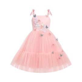IDOPIP Pageant Dresses for Toddler Girls Embroidery Flower Girl Fairy Princess Butterfly Birthday Dresses Summer Sleeveless Kids Baby Wedding Tea Party First Communion Tulle Tutu Gown Pink 4-5 Years
