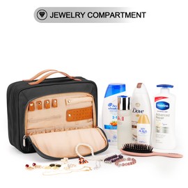 COOSKY Travel Hanging Toiletry Bag for Women, Holds Full-Size Shampoo, with Jewelry Organizer Compartment, Extra Large Makeup Bag, Waterproof Cosmetic Bag, Toiletries Kit Set, Black, Large