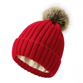 Red Satin Lined Beanie for Women Knit Winter Hats Silk Lined Warm Soft Womens Beanie with Detachable Pom Pom