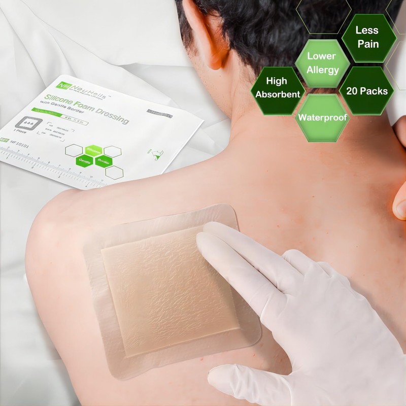 NeuHeils Silicone Foam Dressing with Gentle Border 4''x4'', 20 Pack