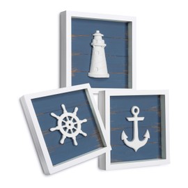 TideAndTales 3D Nautical Wall Decor (Famed Set of 3) Anchor, Lighthouse and Ship Wheel - Rustic Beach Bathroom Coastal Theme Home Decorations - Nautical Gifts 7"x7"), Classic Blue