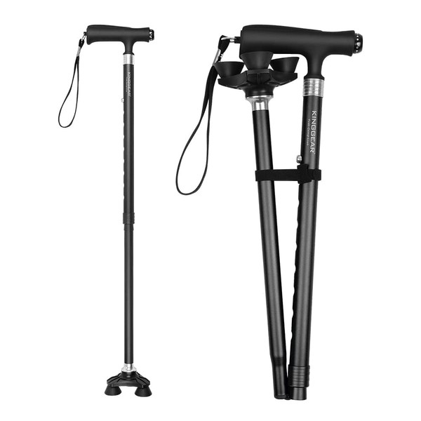 KINGGEAR Walking Cane for Women & Men, Adjustable Lightweight LED Walking Stick with Autonomous Standing, Large Sturdy 360 Swivel Base Crutches Cane for Seniors