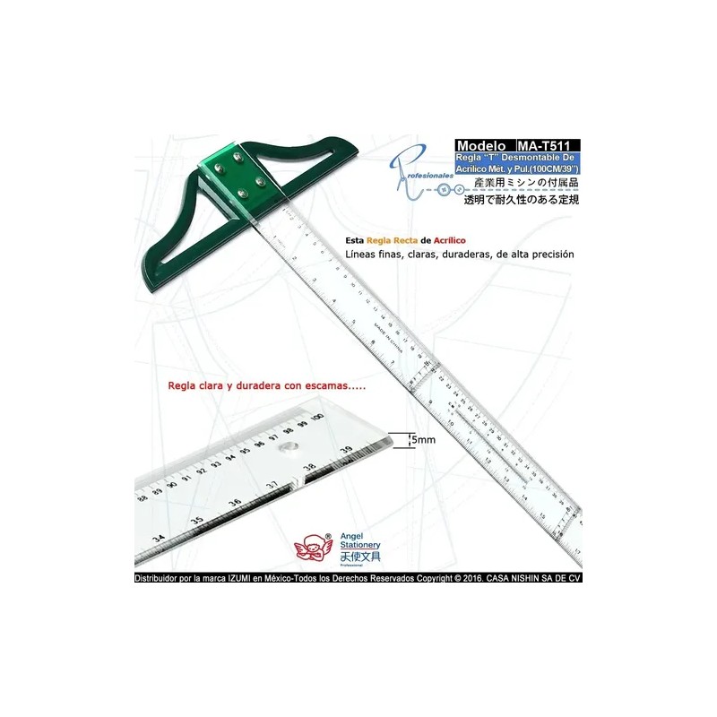 Ma-t511 Regla T Desmontable De Acrílico Tam.100cm40 G5mm